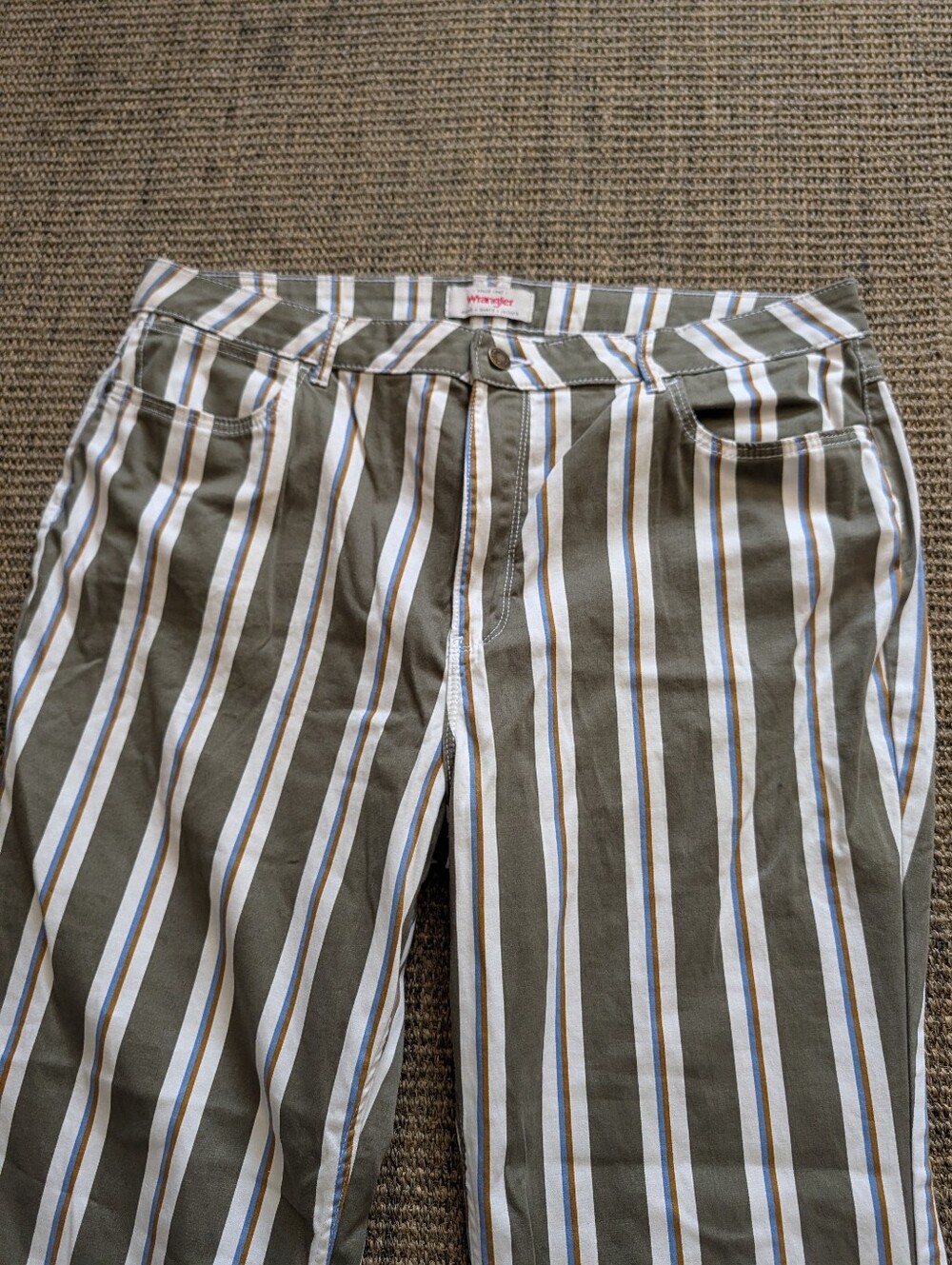 Wrangler Retro Moss Green Blue Mustard Stripe High Rise Flare Jeans Size 18 - Picture 4 of 12